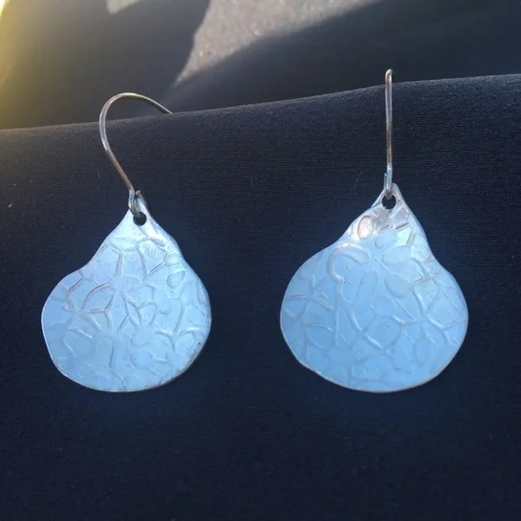 Silver Earrings - Textured Teardrop Dangle with Organic/Abstract Stamped Pattern - Picture 6 of 9